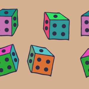 Modern dice-themed book cover image with colorful dice illustration on clean background