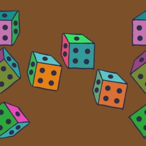 Minimal dice illustration suitable for a modern craps-learning book cover thumbnail