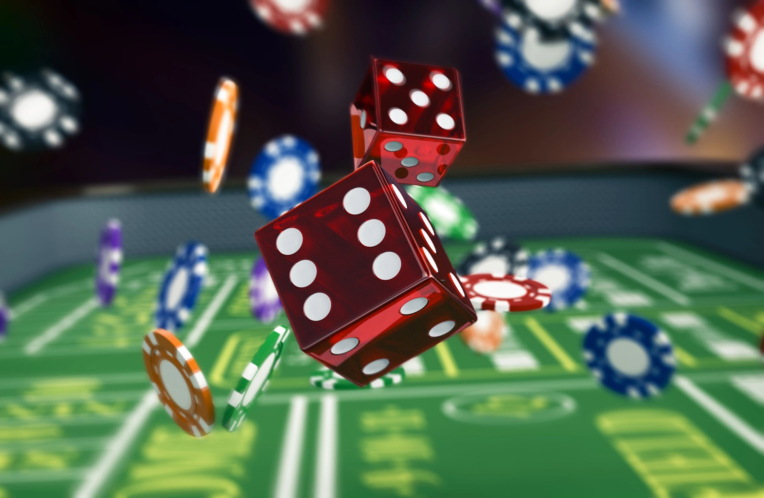 Close-up of a craps table with dice and chips